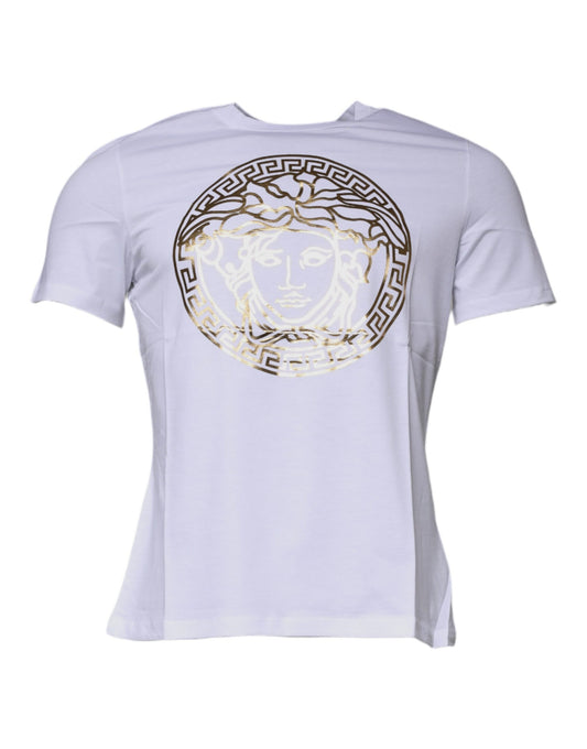 White Medusa Print Cotton Crew Neck T-shirt-Versace-LabelTerrace.com