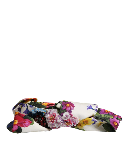White Multicolor Floral Silk Bow Crystal Embellished Headband-Dolce & Gabbana-LabelTerrace.com