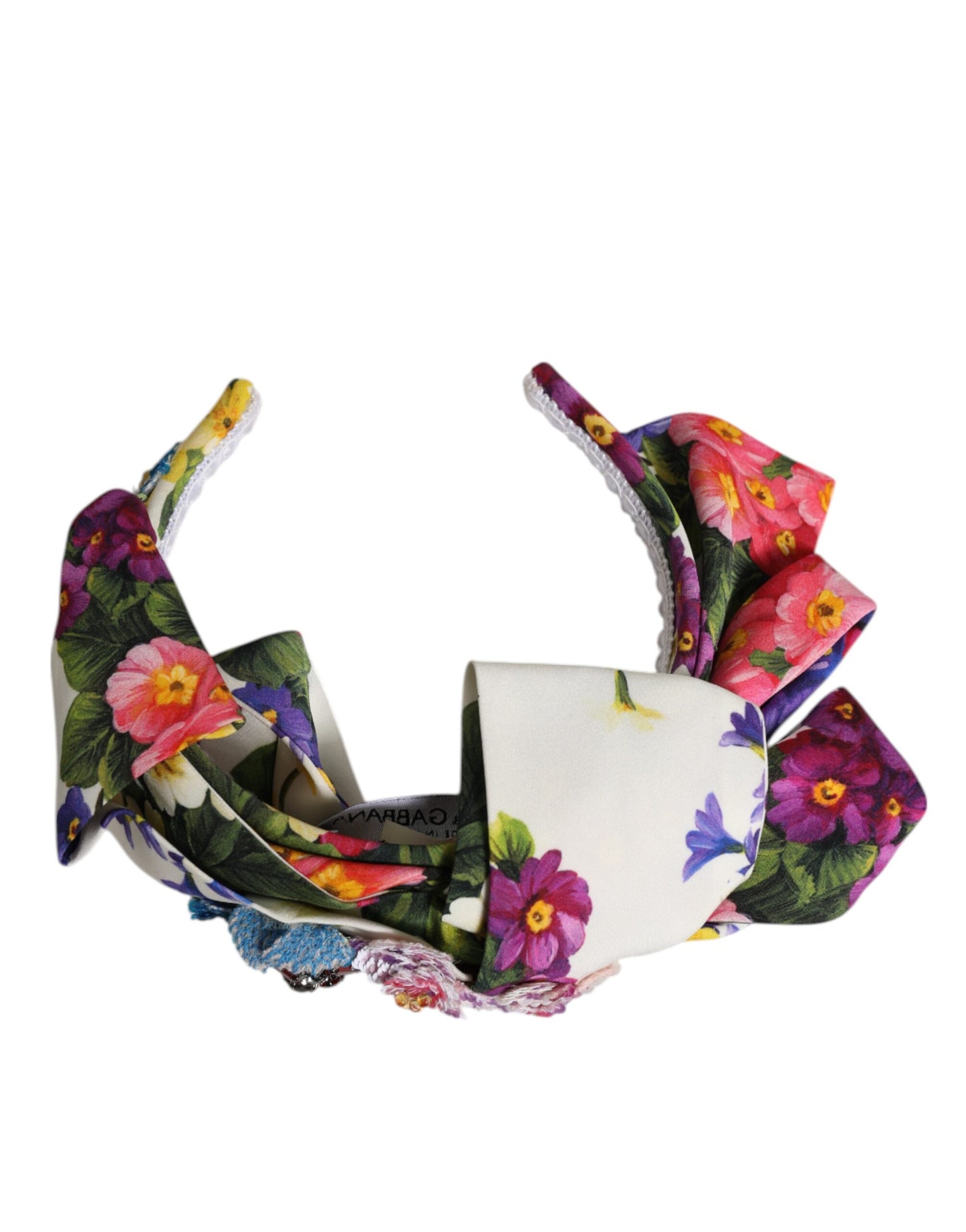 White Multicolor Floral Silk Bow Crystal Embellished Headband