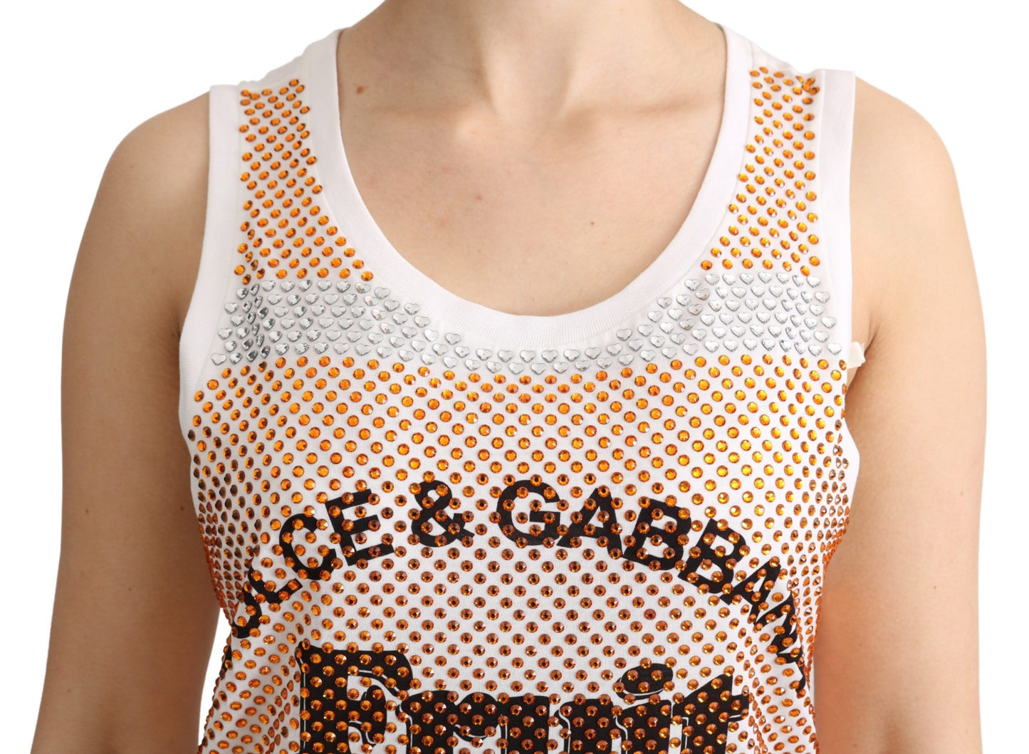White Orange Crystal Sleeveless Tank Cotton Top-Dolce & Gabbana-LabelTerrace.com