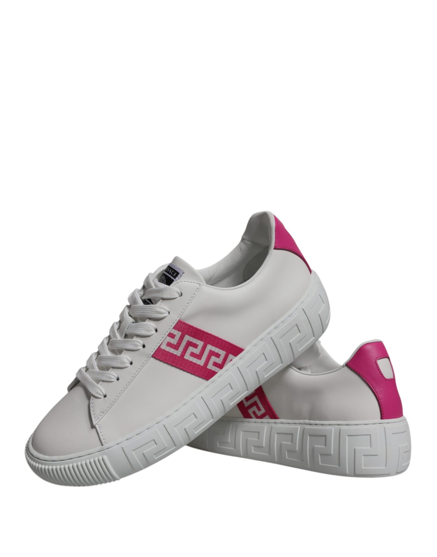 White Pink Greca Print Platform Low Top Sneakers Shoes-Versace-LabelTerrace.com