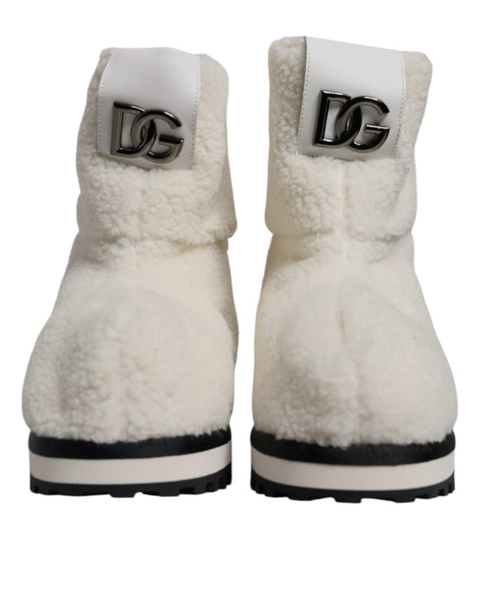 White Plush Logo Padded Mid Calf Boots Shoes-Dolce & Gabbana-LabelTerrace.com