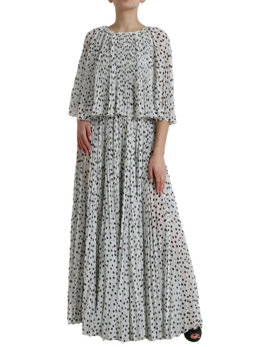White Polka Dot A-line Pleated Maxi Dress-Dolce & Gabbana-LabelTerrace.com