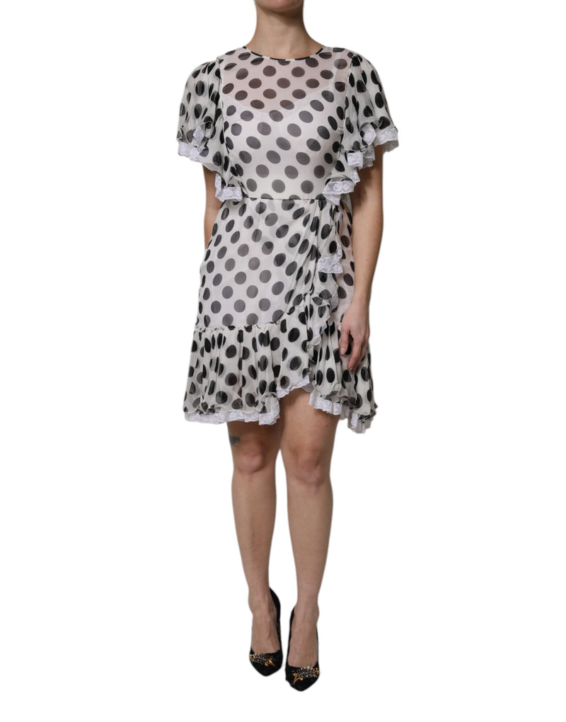White Polka Dotted Silk Blend A-line Dress-Dolce & Gabbana-LabelTerrace.com