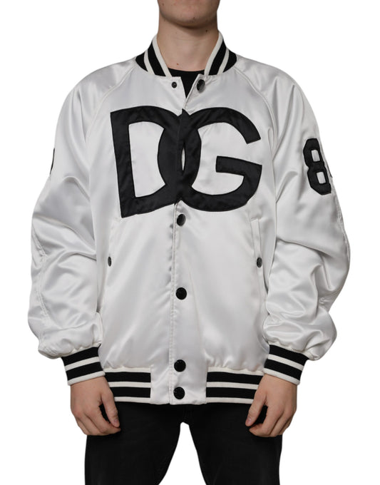 White Polyester Logo Full Zip Bomber Jacket-Dolce & Gabbana-LabelTerrace.com