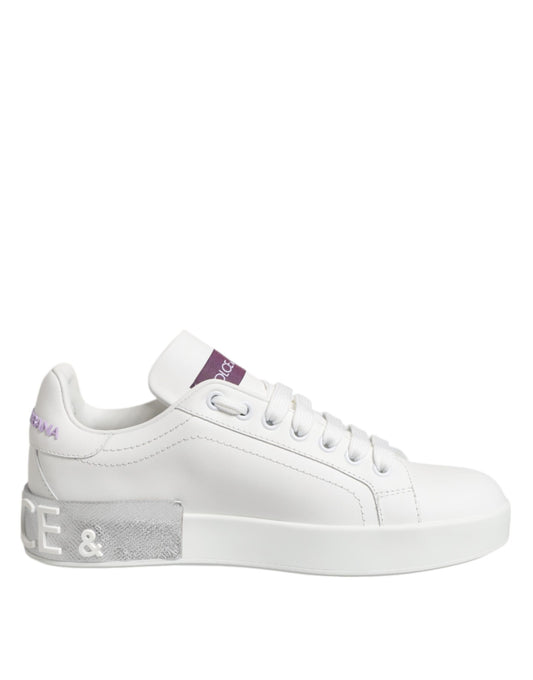 White Purple Leather Low Top Sneakers Shoes-Dolce & Gabbana-LabelTerrace.com