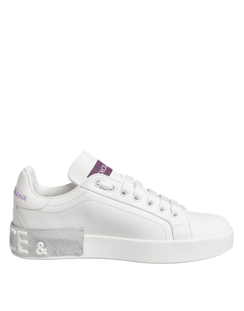 White Purple Leather Low Top Sneakers Shoes-Dolce & Gabbana-LabelTerrace.com