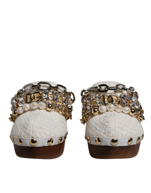 White Raffia Clogs Bejeweled Chain Sandals Shoes-Dolce & Gabbana-LabelTerrace.com