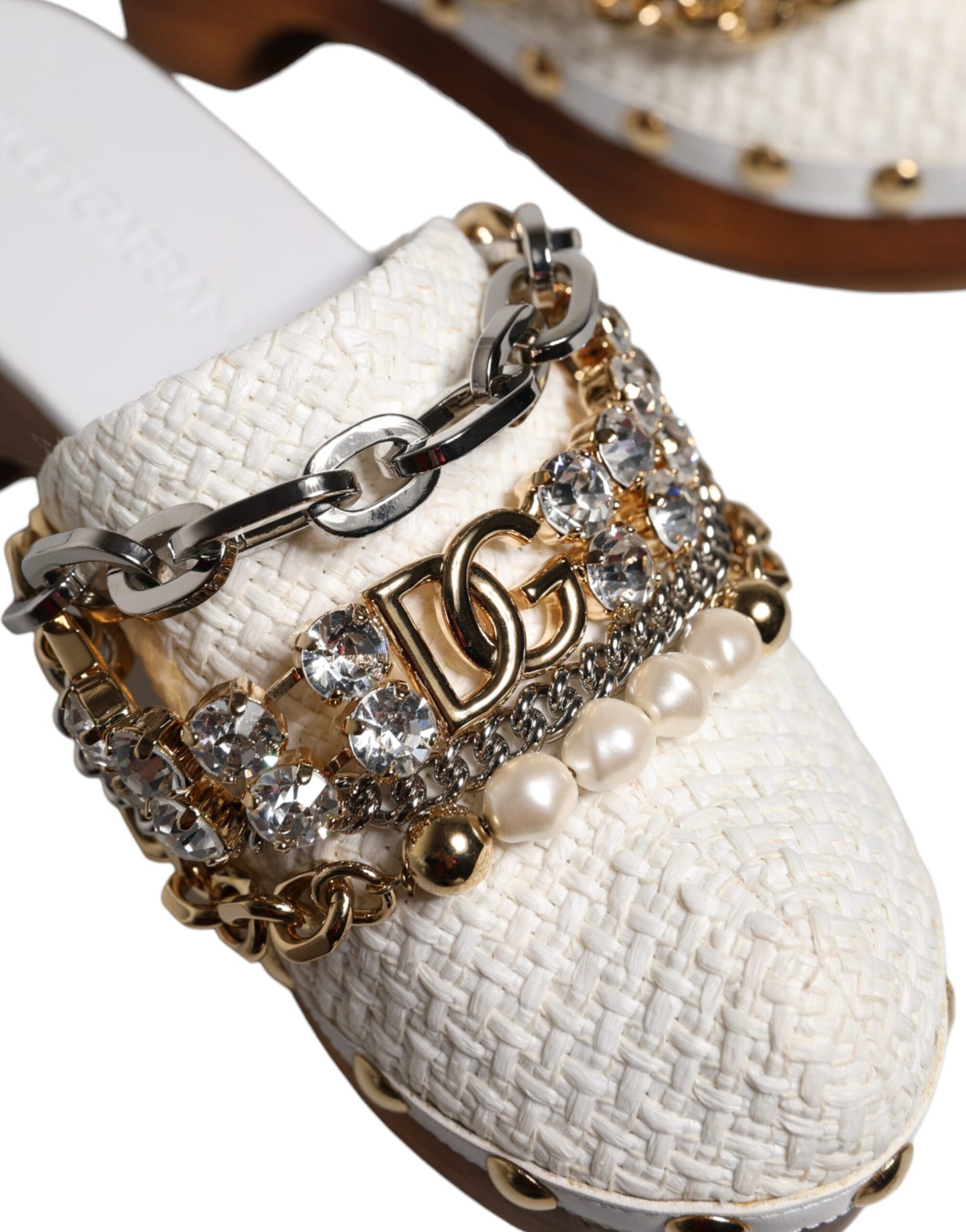 White Raffia Clogs Bejeweled Chain Sandals Shoes-Dolce & Gabbana-LabelTerrace.com