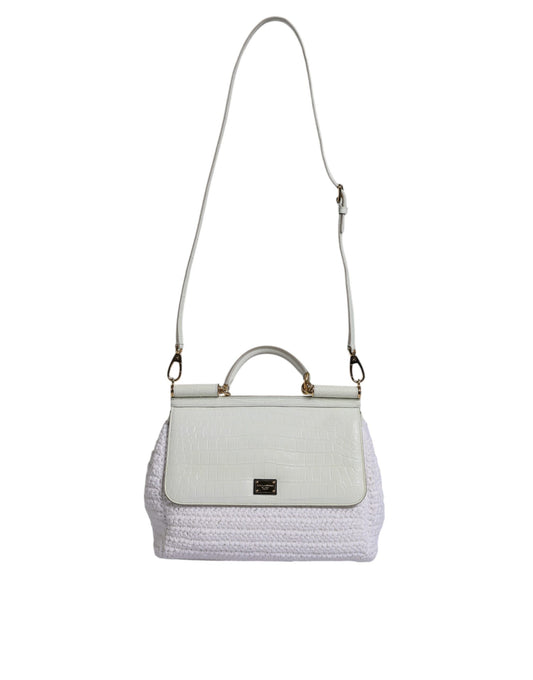 White Rafia Leather Top Handle Crossbody Bag-Dolce & Gabbana-LabelTerrace.com