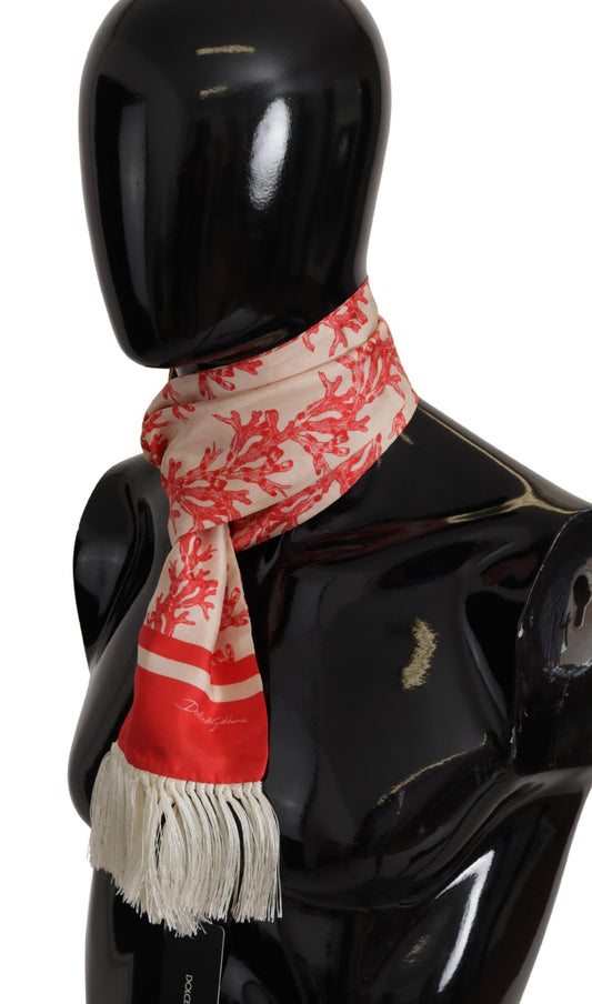 White Red Coral Print Shawl Wrap Fringe Scarf-Dolce & Gabbana-LabelTerrace.com