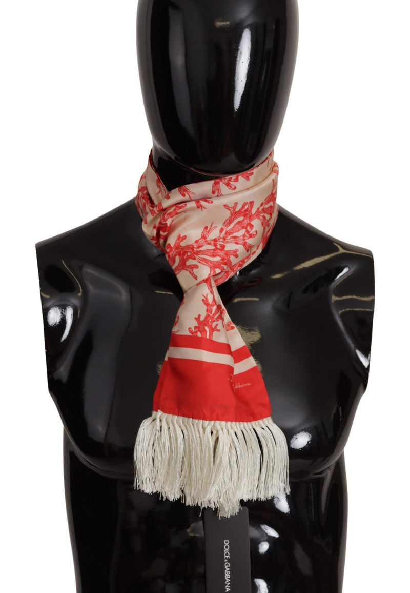 White Red Coral Print Shawl Wrap Fringe Scarf-Dolce & Gabbana-LabelTerrace.com