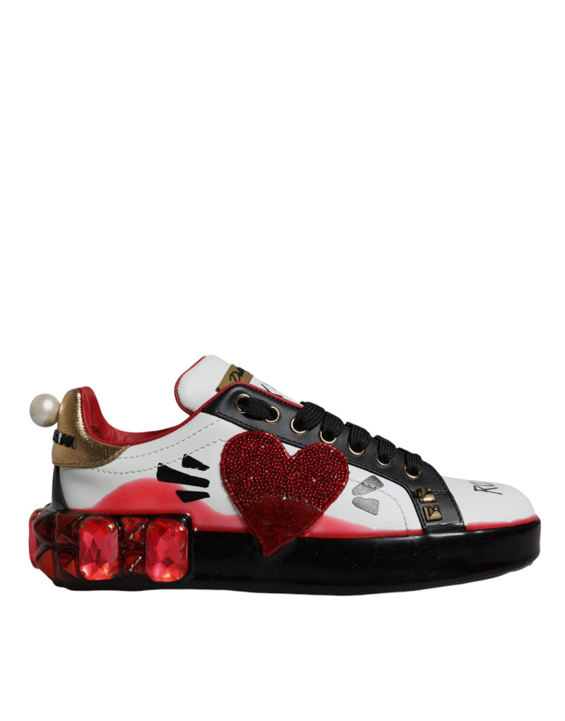 White Red Crystals Leather Portofino Sneakers Shoes-Dolce & Gabbana-LabelTerrace.com