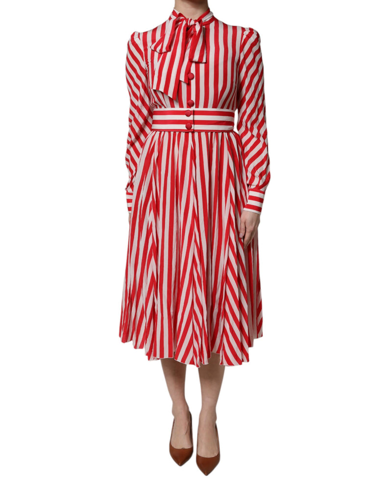 White Red Stripes Long Sleeves Midi Dress-Dolce & Gabbana-LabelTerrace.com