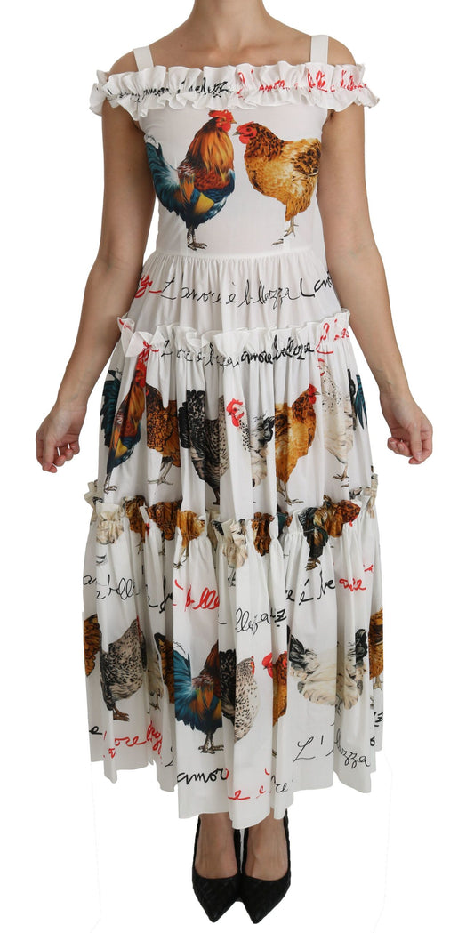 White Rooster Sheath Midi Cotton Dress-Dolce & Gabbana-LabelTerrace.com