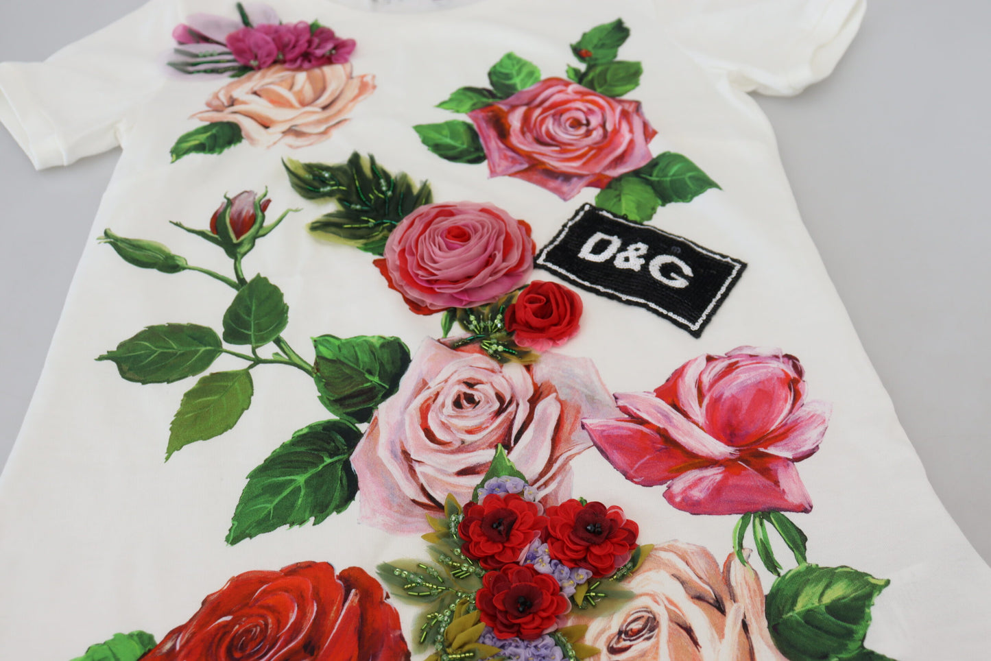 White Rose DGLogo Printed Short Sleeves Top-Dolce & Gabbana-LabelTerrace.com