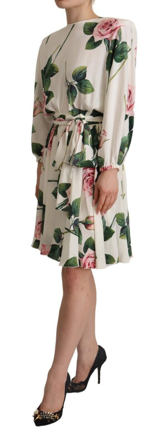 White Rose Print Long Sleeves A-line Dress-Dolce & Gabbana-LabelTerrace.com