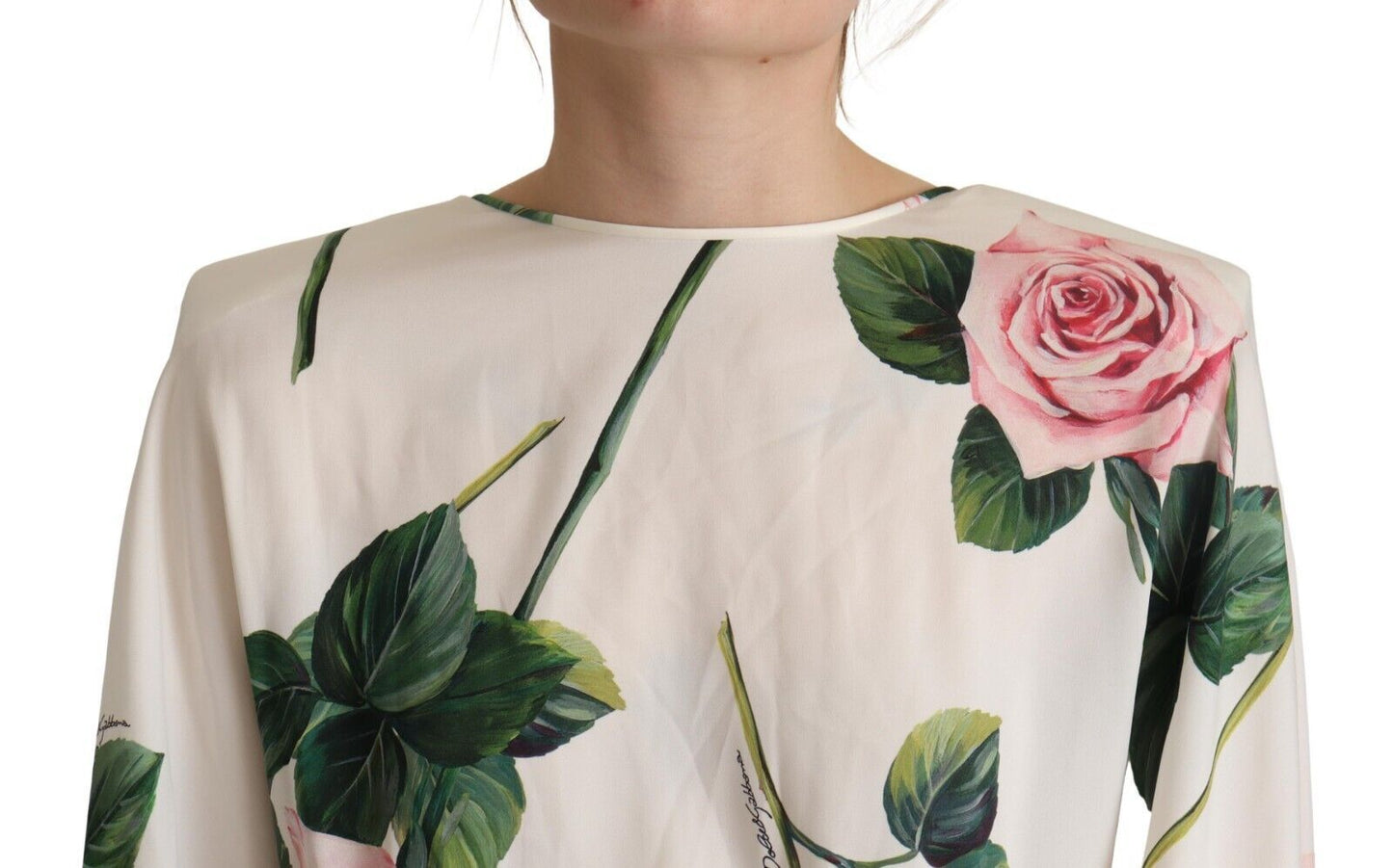 White Rose Print Long Sleeves A-line Dress-Dolce & Gabbana-LabelTerrace.com