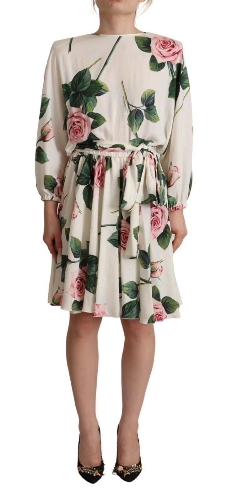 White Rose Print Long Sleeves A-line Dress-Dolce & Gabbana-LabelTerrace.com