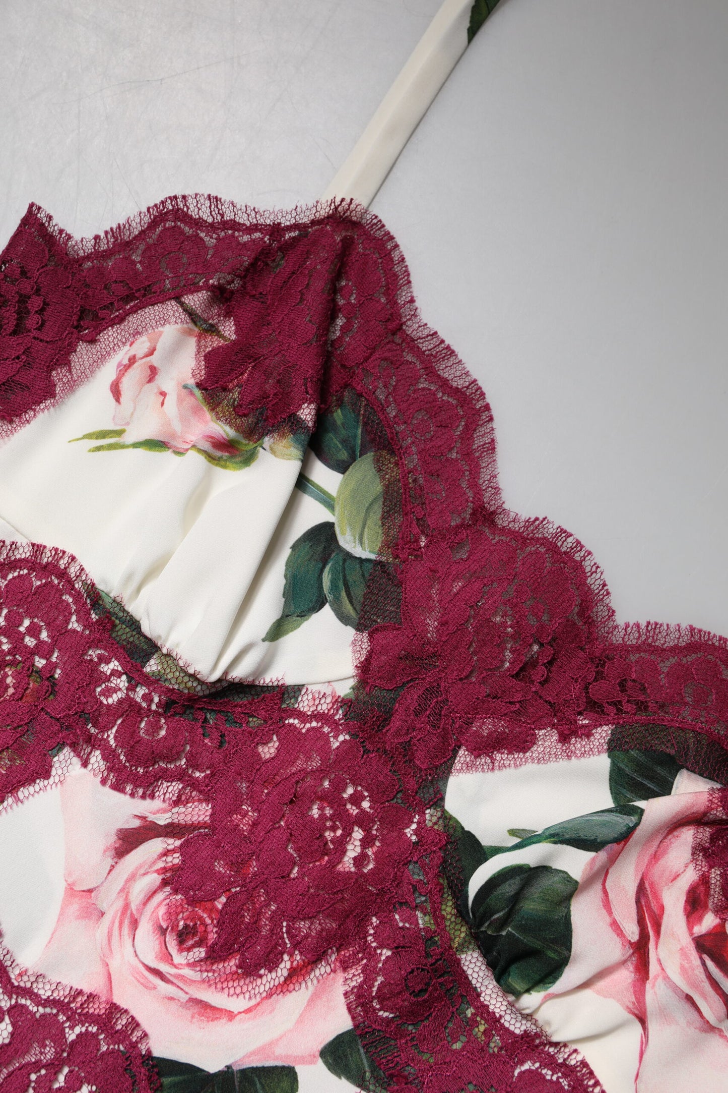 White Rose Print Satin Lace Tank Top Lingerie-Dolce & Gabbana-LabelTerrace.com