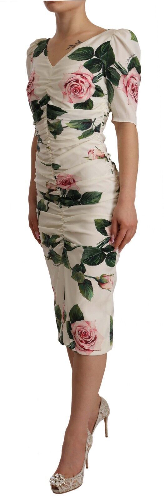White Roses Print Stretch Silk Pleated Dress-Dolce & Gabbana-LabelTerrace.com