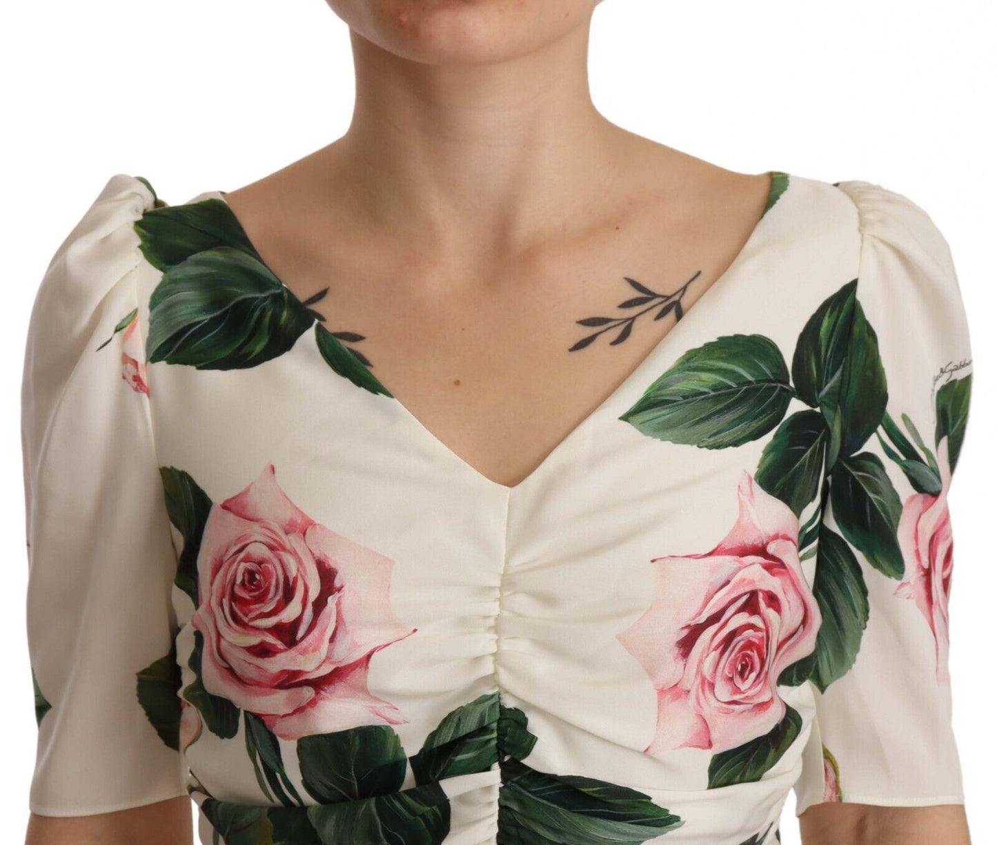 White Roses Print Stretch Silk Pleated Dress-Dolce & Gabbana-LabelTerrace.com