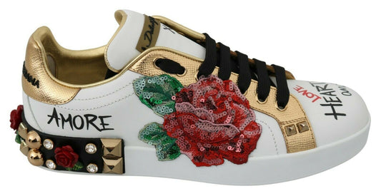 White Roses Sequined Crystal Womens Sneakers Shoes-Dolce & Gabbana-LabelTerrace.com