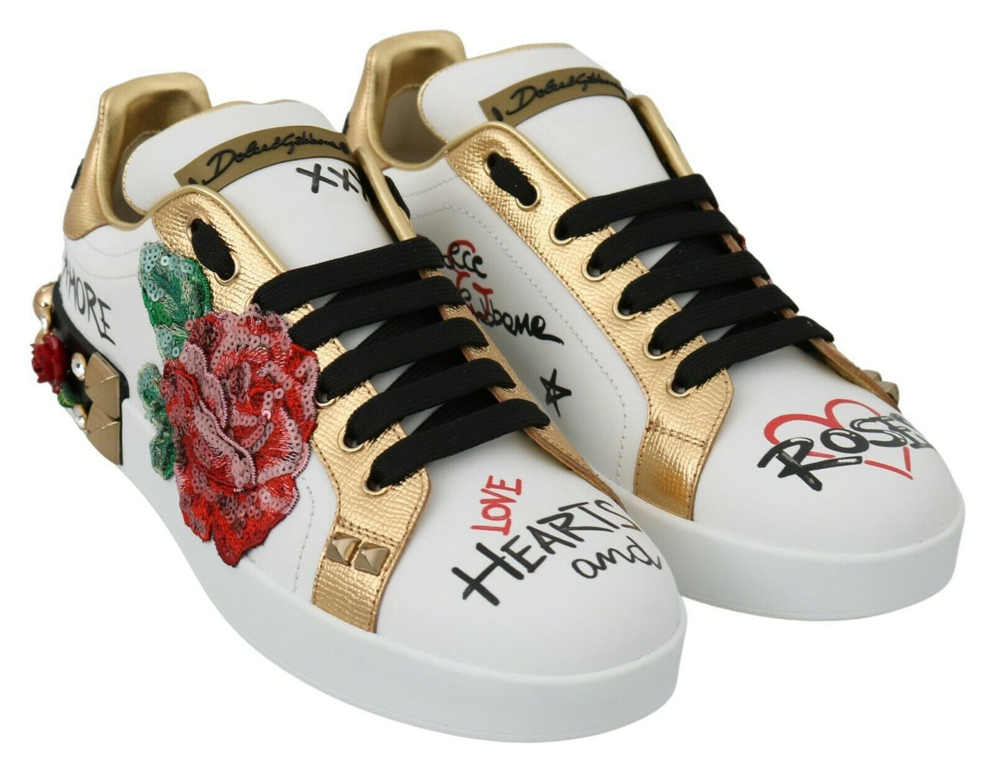 White Roses Sequined Crystal Womens Sneakers Shoes-Dolce & Gabbana-LabelTerrace.com
