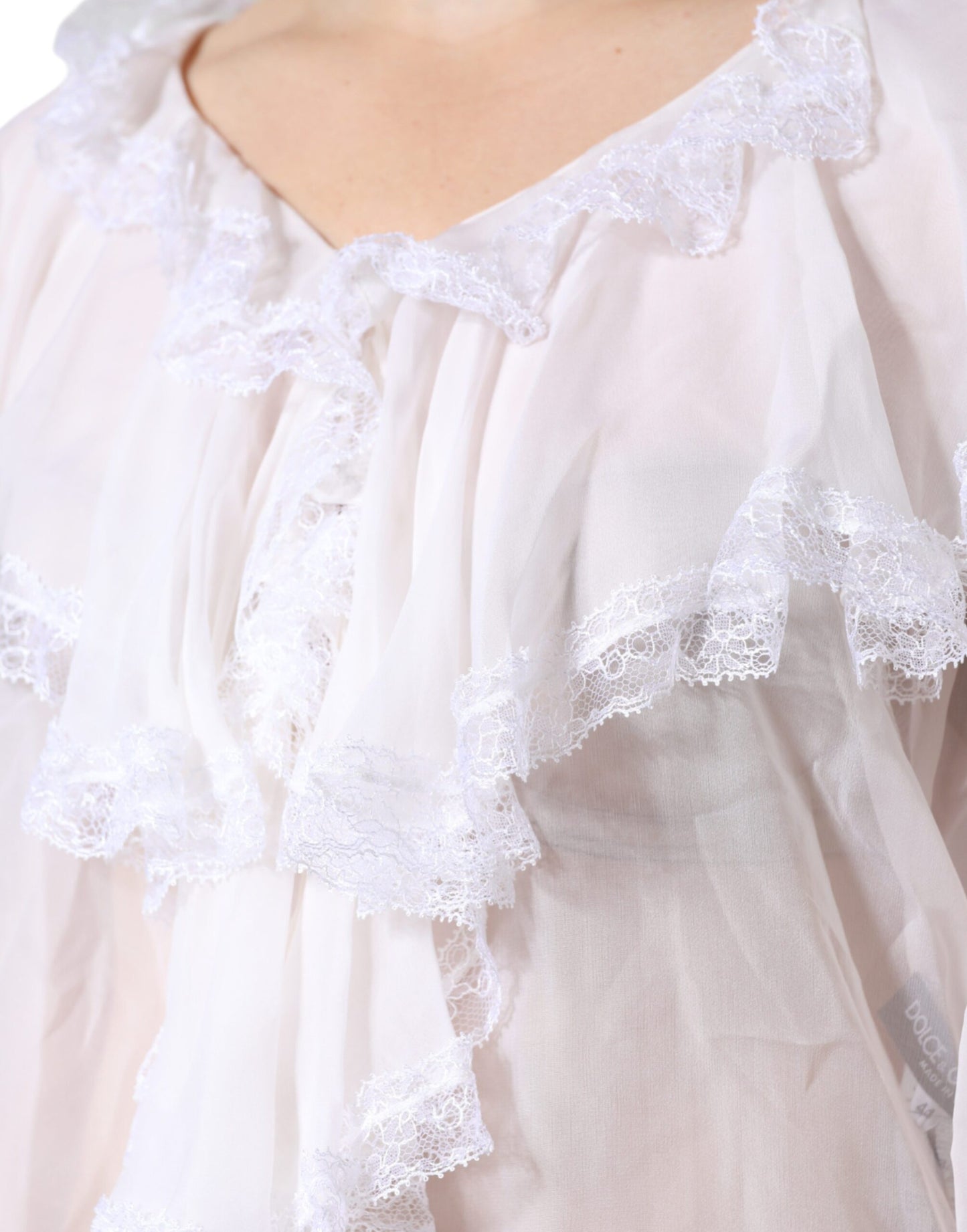 White Ruffles Lace Long Sleeve Blouse Top-Dolce & Gabbana-LabelTerrace.com