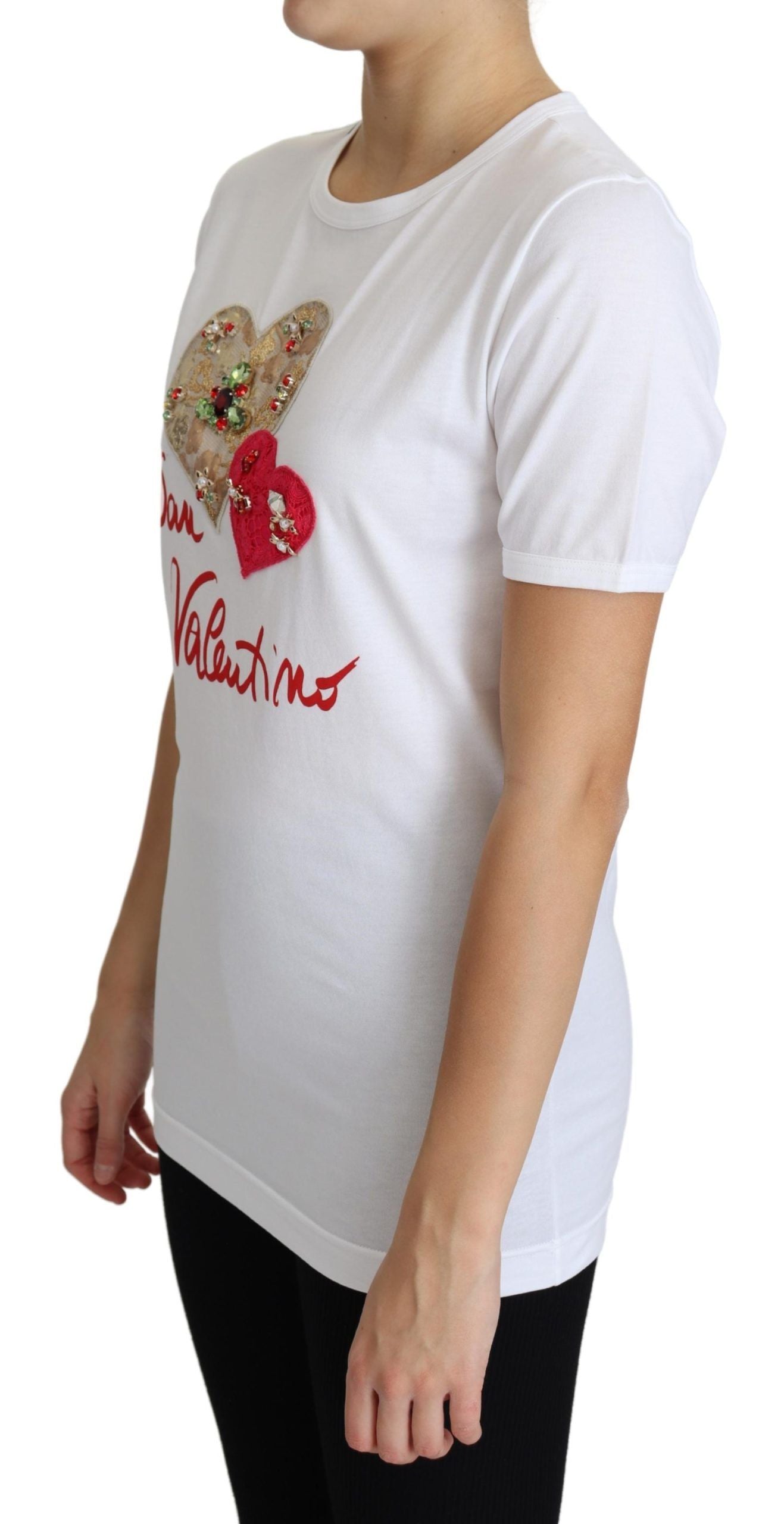 White San Valentino Heart Crystals T-shirt Top-Dolce & Gabbana-LabelTerrace.com