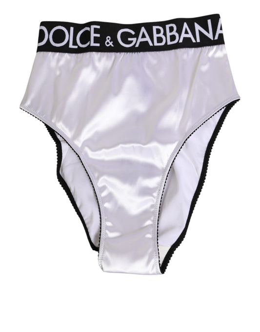 White Satin High-Waist Black Logo Women Underwear-Dolce & Gabbana-LabelTerrace.com