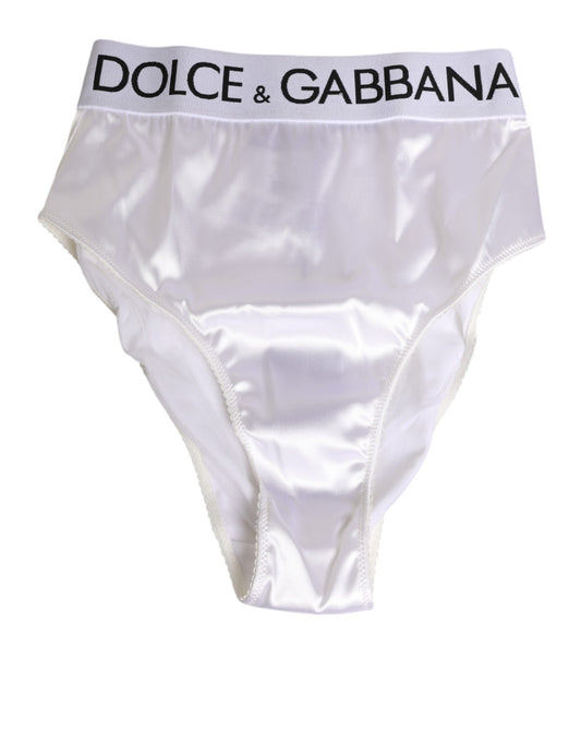 White Satin High-Waist Brief Logo Women Underwear-Dolce & Gabbana-LabelTerrace.com