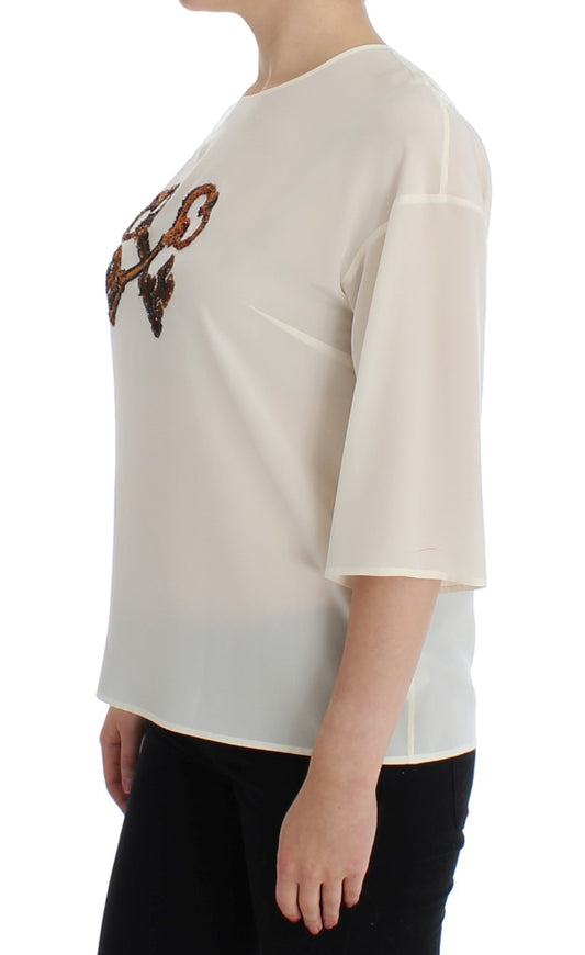 White Sequined Key Silk Blouse T-shirt Top-Dolce & Gabbana-LabelTerrace.com