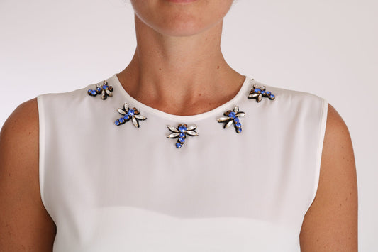 White Silk Crystal Embellished Fly T-shirt-Dolce & Gabbana-LabelTerrace.com