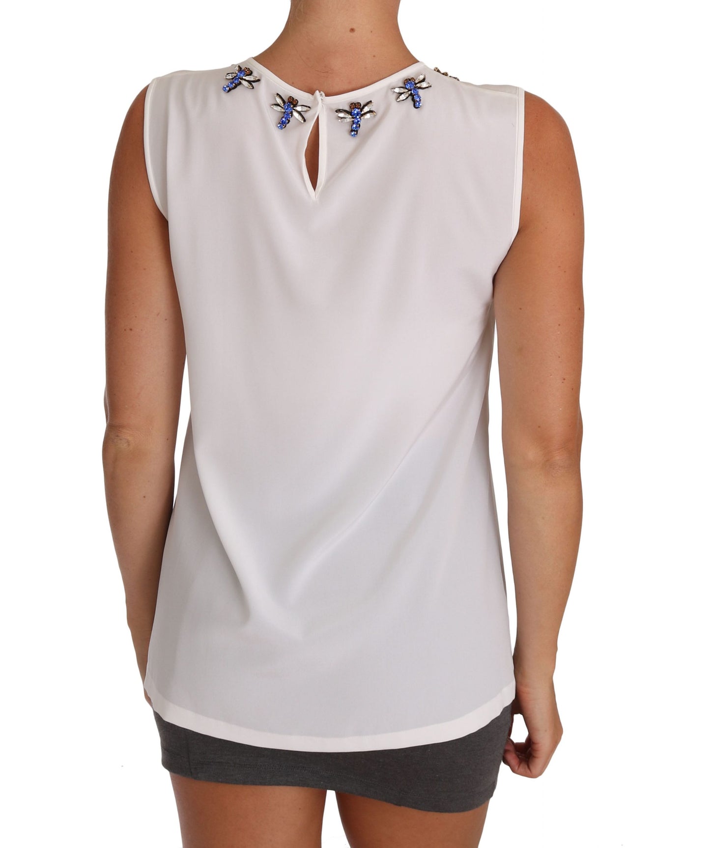 White Silk Crystal Embellished Fly T-shirt-Dolce & Gabbana-LabelTerrace.com