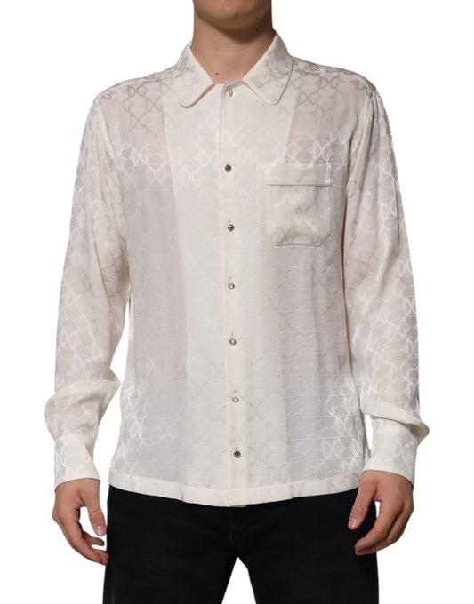 White Silk DG Logo Print Long Sleeves Shirt-Dolce & Gabbana-LabelTerrace.com