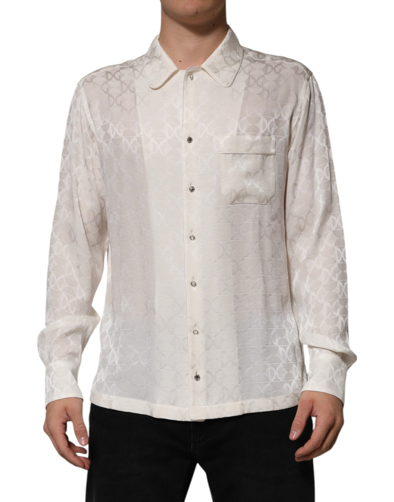 White Silk DG Logo Print Long Sleeves Shirt-Dolce & Gabbana-LabelTerrace.com