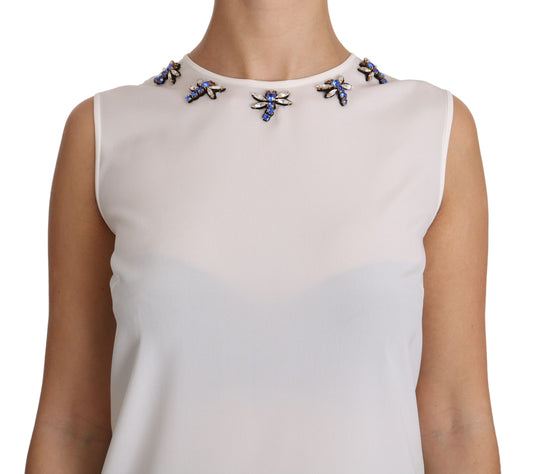 White Silk Embellished Crystal Dragonfly Top-Dolce & Gabbana-LabelTerrace.com
