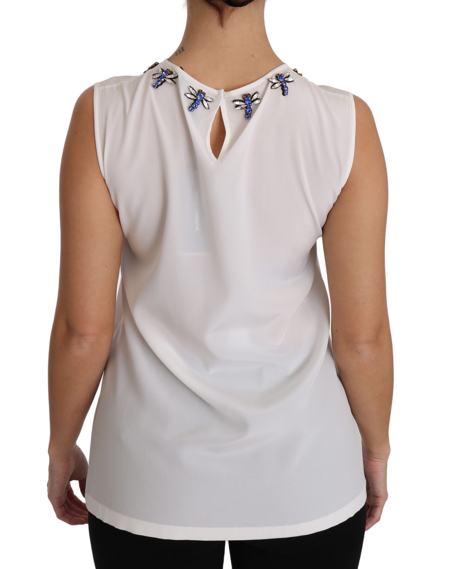 White Silk Embellished Crystal Dragonfly Top-Dolce & Gabbana-LabelTerrace.com