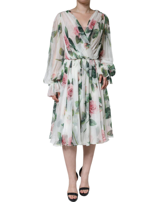 White Silk Floral Print A-line Midi Dress-Dolce & Gabbana-LabelTerrace.com