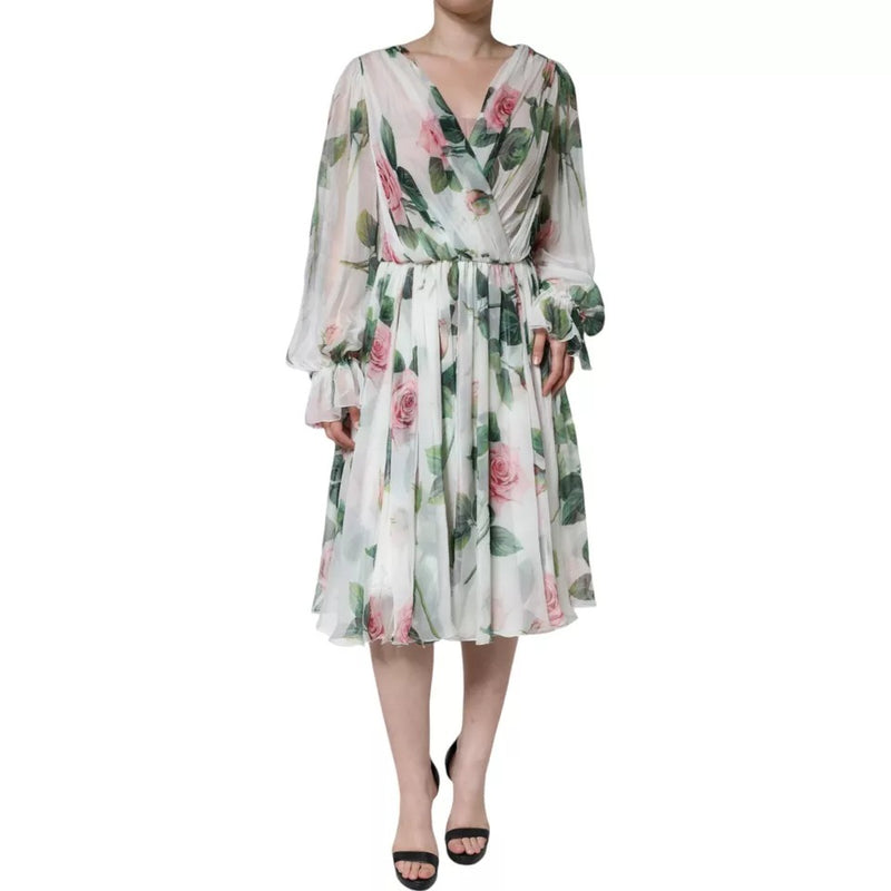 White Silk Floral Print A-line Midi Dress-Dolce & Gabbana-LabelTerrace.com
