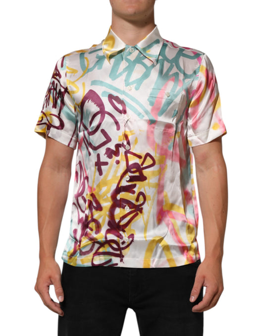 White Silk Hawaiian Graffiti Print Men Casual Shirt-Dolce & Gabbana-LabelTerrace.com