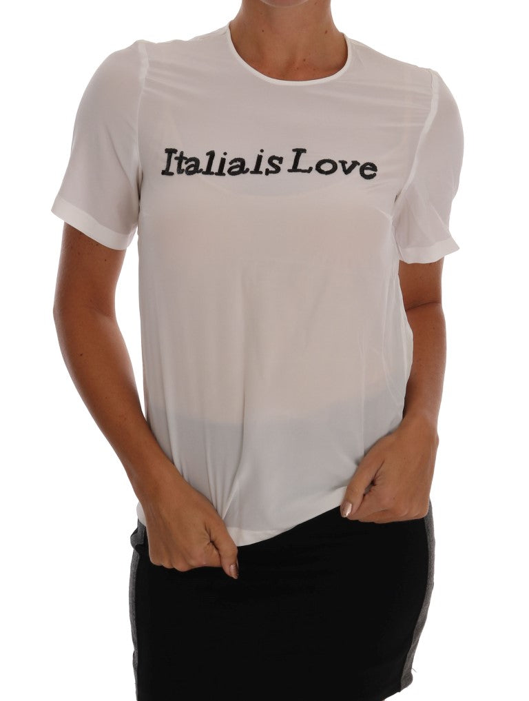White Silk ITALIA IS LOVE Blouse T-shirt-Dolce & Gabbana-LabelTerrace.com