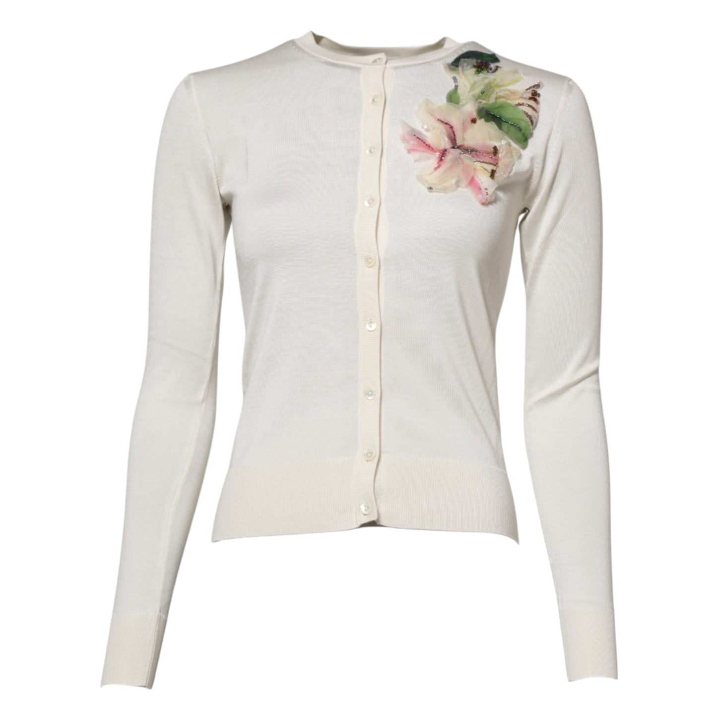 White Silk Lily Embellished Cardigan Sweater-Dolce & Gabbana-LabelTerrace.com