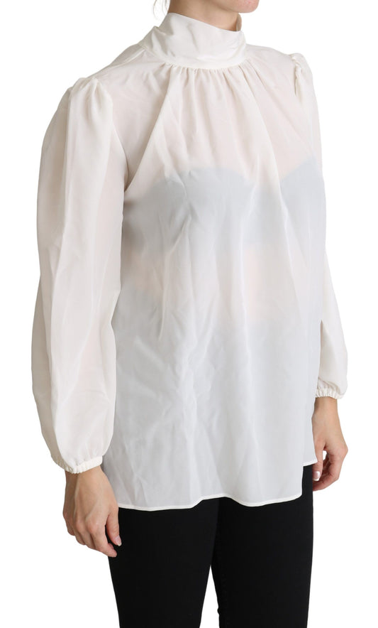 White Silk Pussy Bow Long Sleeved Top Blouse-Dolce & Gabbana-LabelTerrace.com