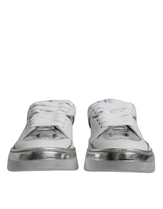 White Silver Leather Low Top Sneakers Shoes-Dolce & Gabbana-LabelTerrace.com