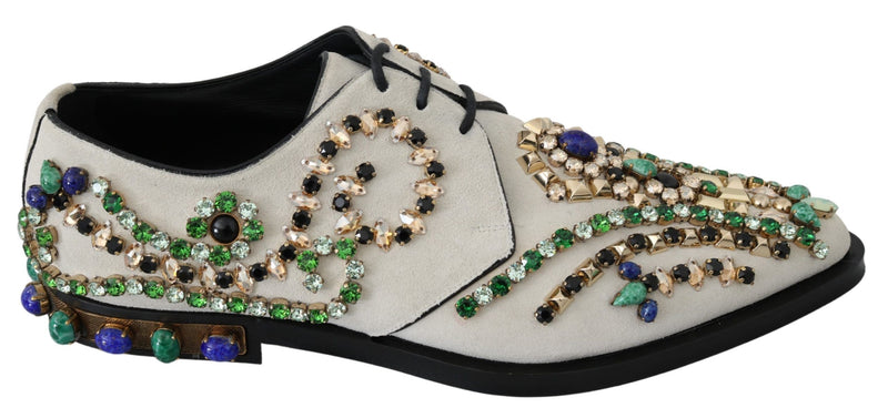 White Suede Crystal Dress Broque Shoes-Dolce & Gabbana-LabelTerrace.com