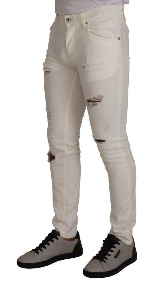 White Tattered Skinny Cotton Men Denim Jeans-Dolce & Gabbana-LabelTerrace.com