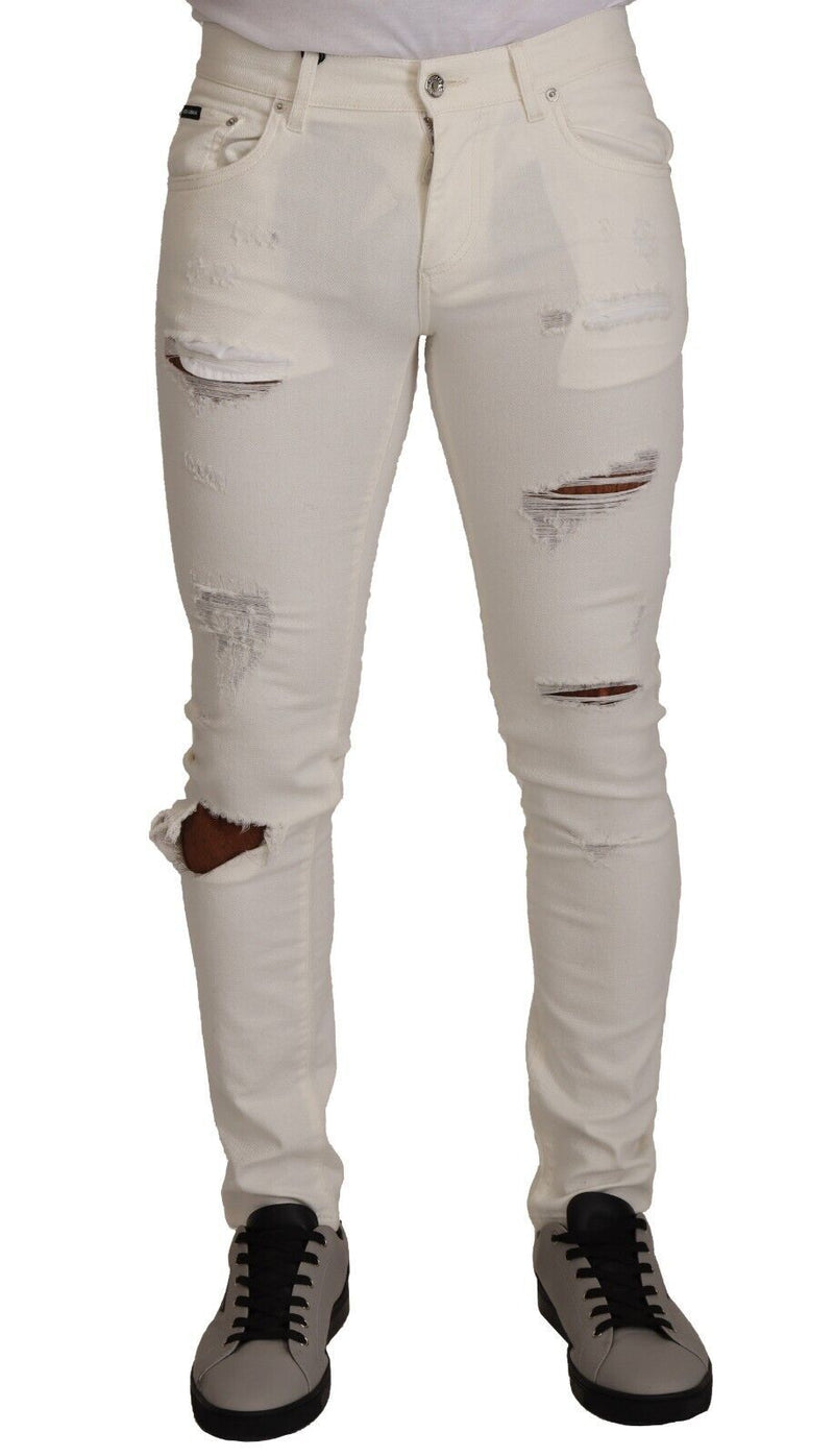 White Tattered Skinny Cotton Men Denim Jeans-Dolce & Gabbana-LabelTerrace.com