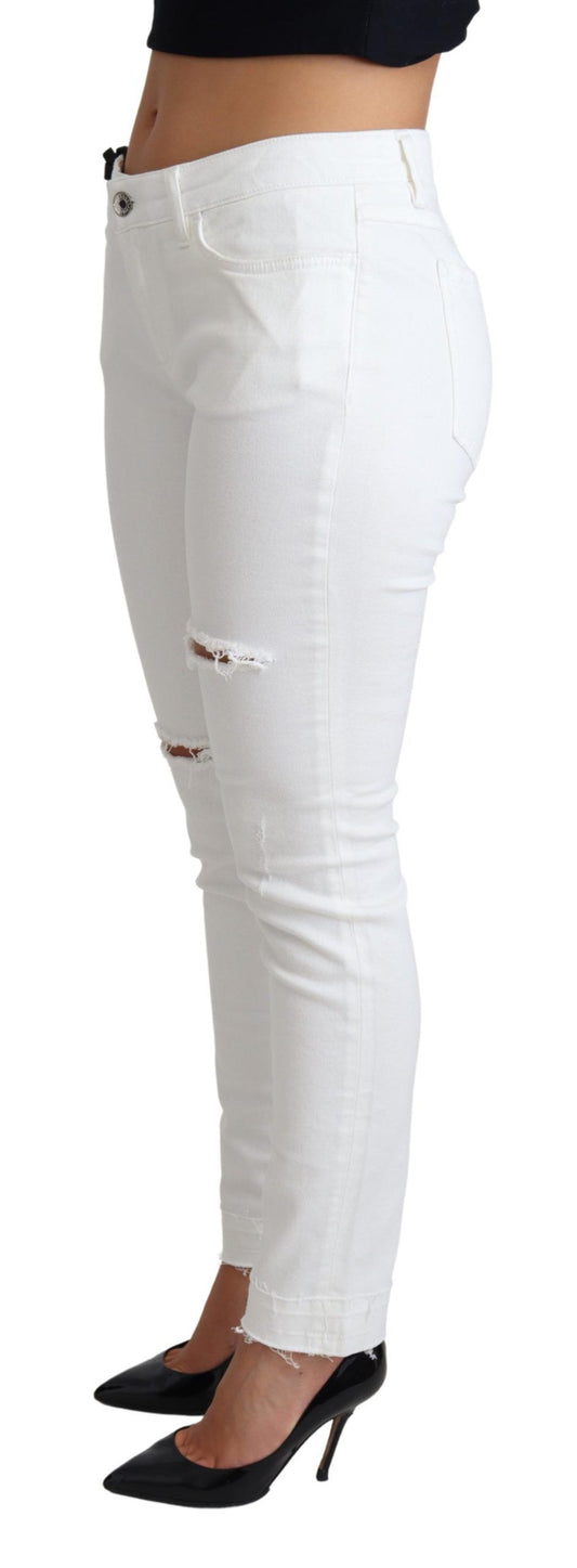 White Tattered Skinny Denim Cotton Stretch Jeans-Dolce & Gabbana-LabelTerrace.com
